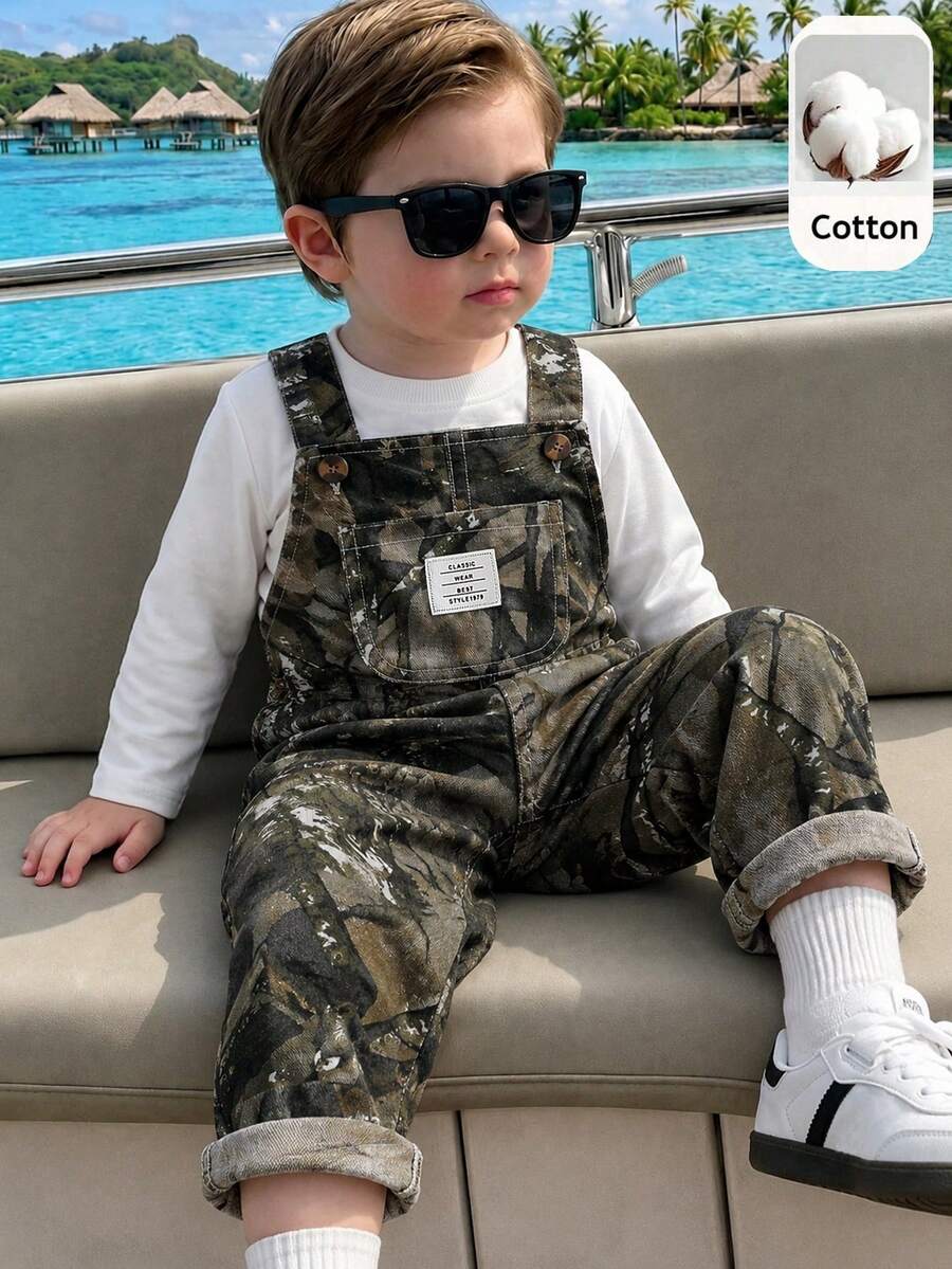 Baby Boy Solid Tee and Roll Up Hem Denim Overall Jumpsuit Casual Spring Summer Outfit Set