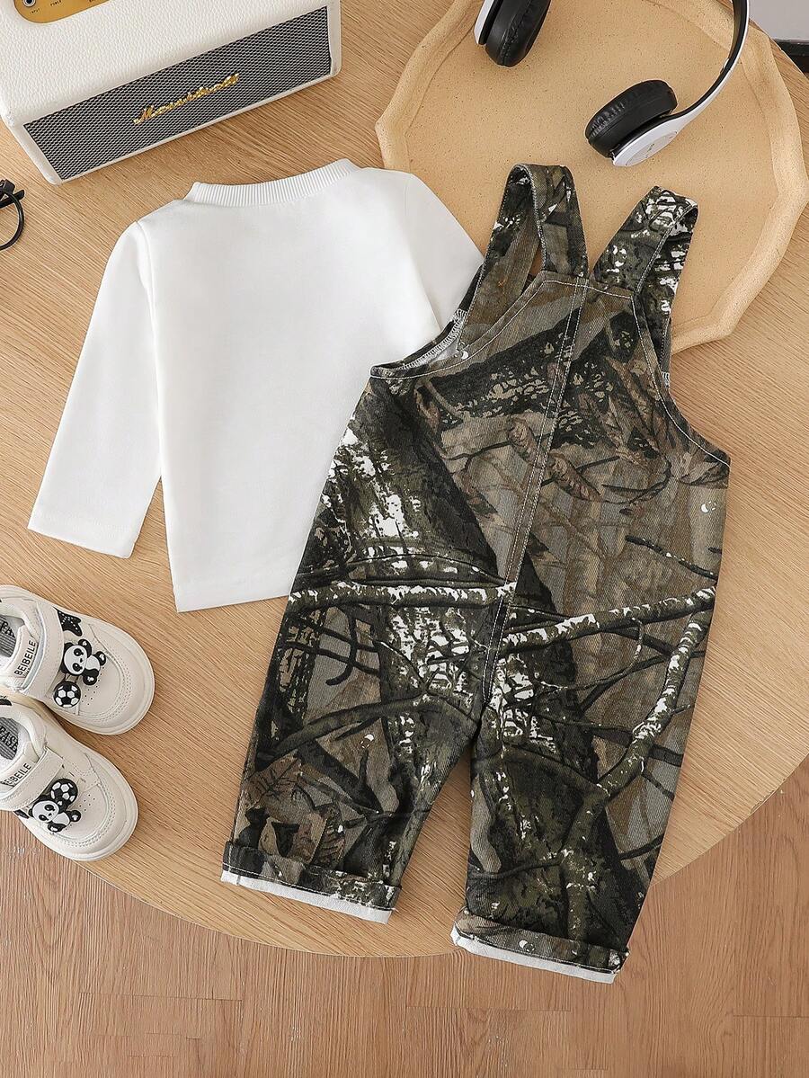 Baby Boy Solid Tee and Roll Up Hem Denim Overall Jumpsuit Casual Spring Summer Outfit Set