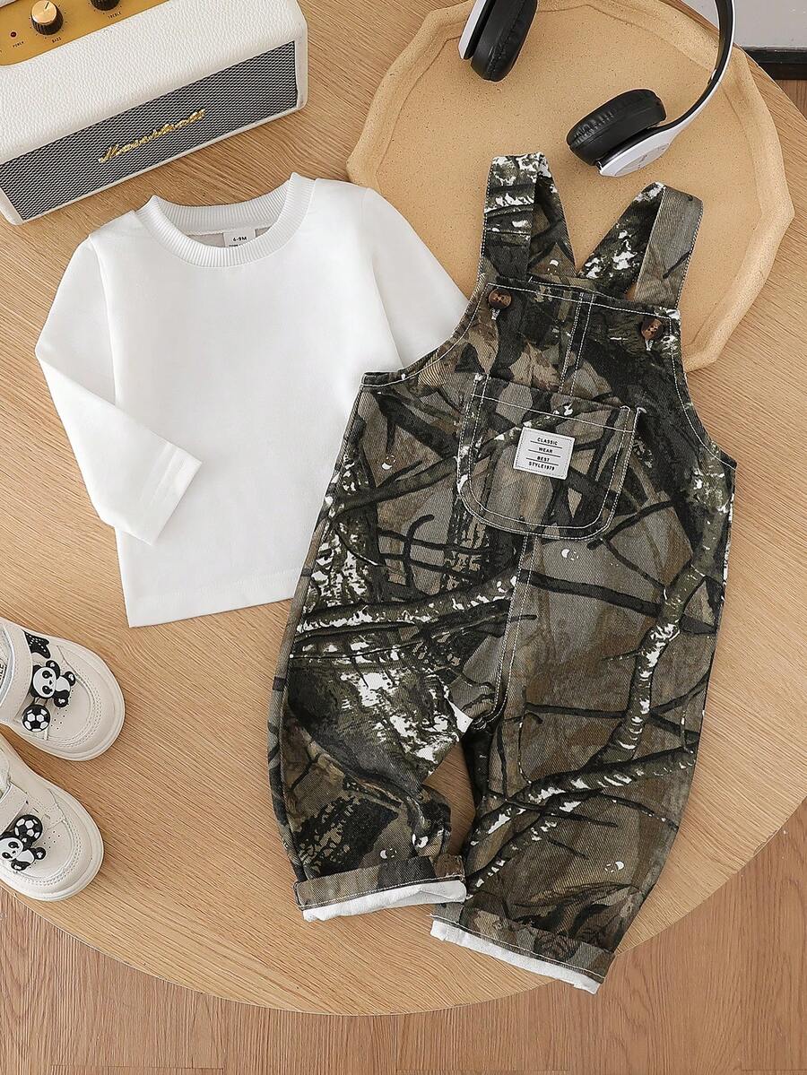 Baby Boy Solid Tee and Roll Up Hem Denim Overall Jumpsuit Casual Spring Summer Outfit Set