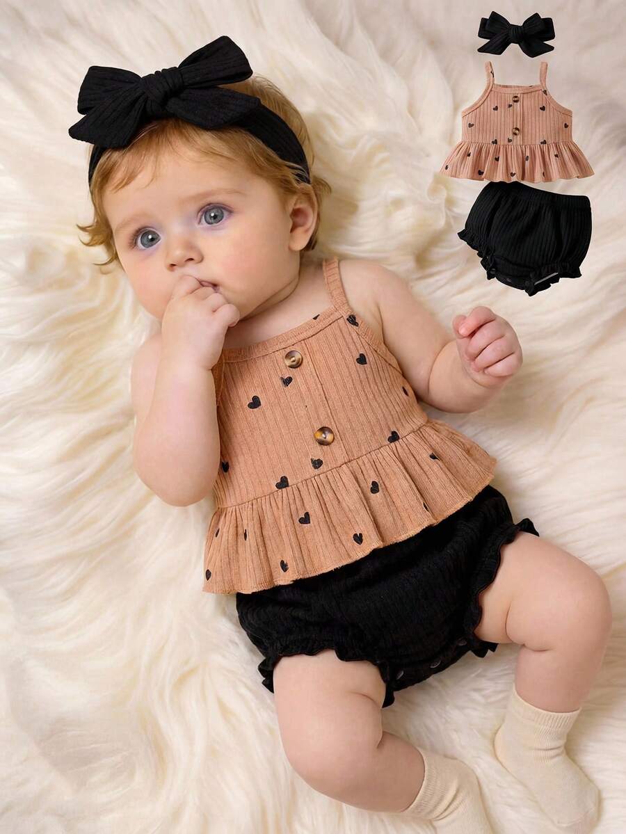 2PCS Baby Heart Print Rib Knit Top and Shorts Set for Cute Summer Daily Wear