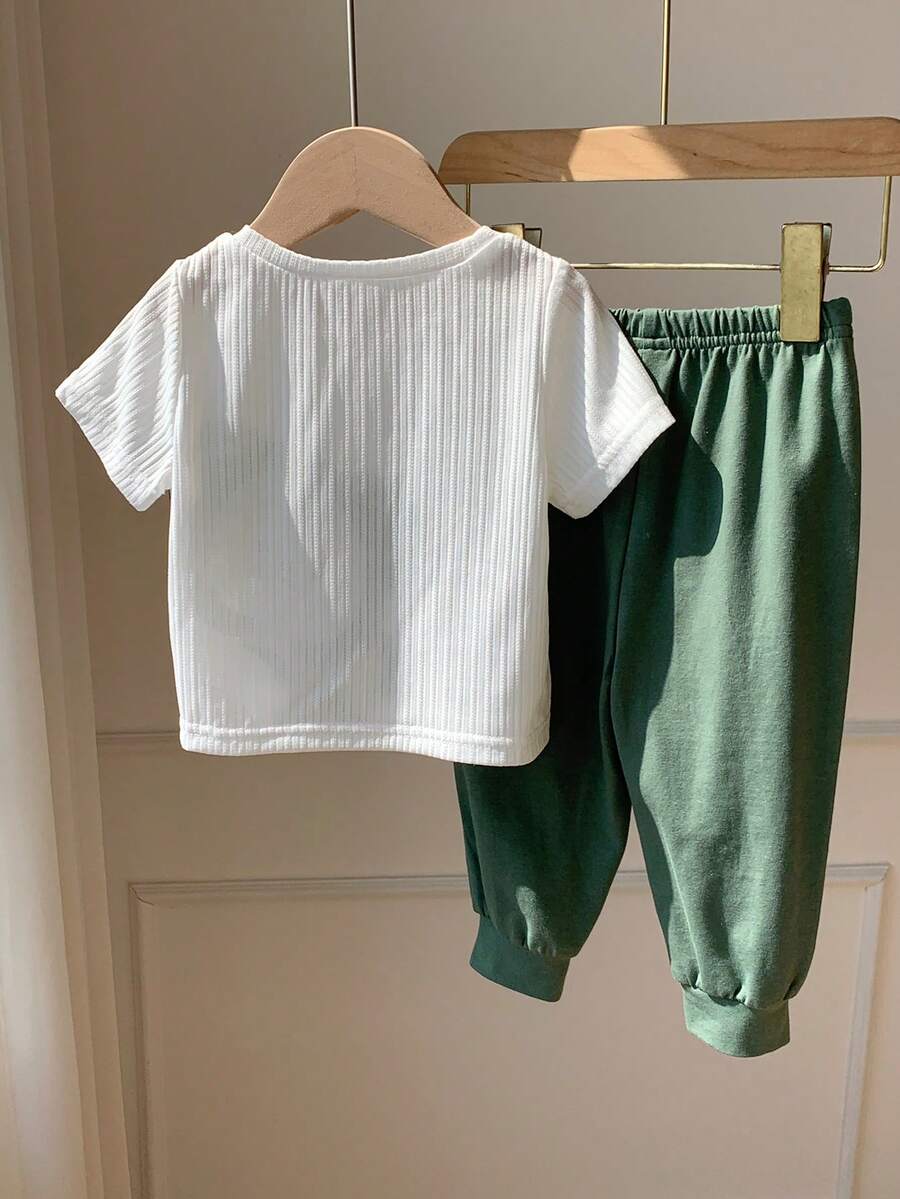 Baby Boy Letter Print T Shirt and Large Pocket Pants 2 Piece Casual Outfit Set for Spring Summer Autumn