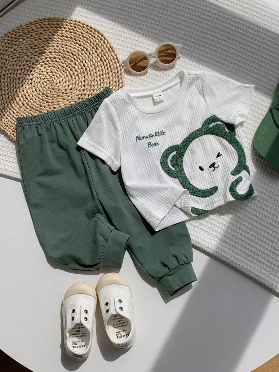 Baby Boy Letter Print T Shirt and Large Pocket Pants 2 Piece Casual Outfit Set for Spring Summer Autumn