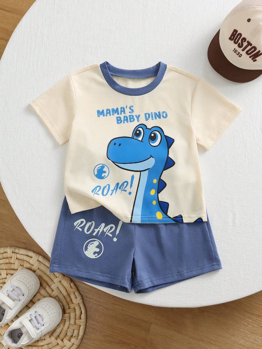 Baby Boy Animal Crayon Print T Shirt and Knitted Shorts 2 Piece Casual Spring Summer Outfit Set