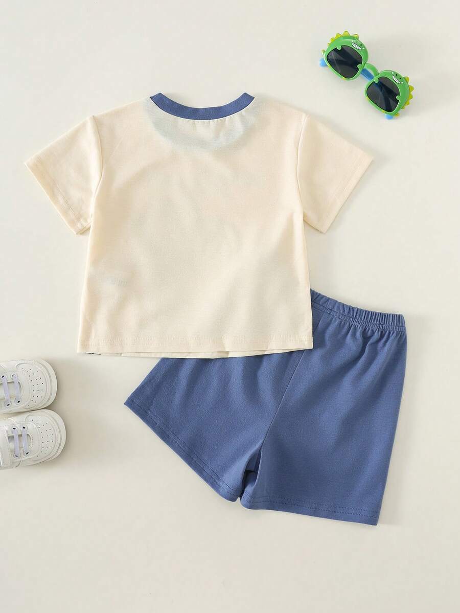 Baby Boy Animal Crayon Print T Shirt and Knitted Shorts 2 Piece Casual Spring Summer Outfit Set