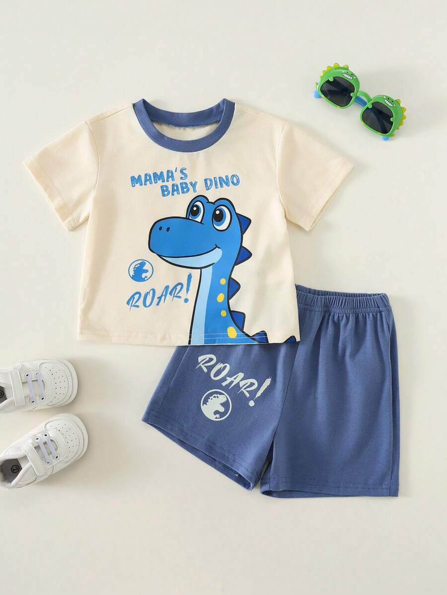 Baby Boy Animal Crayon Print T Shirt and Knitted Shorts 2 Piece Casual Spring Summer Outfit Set