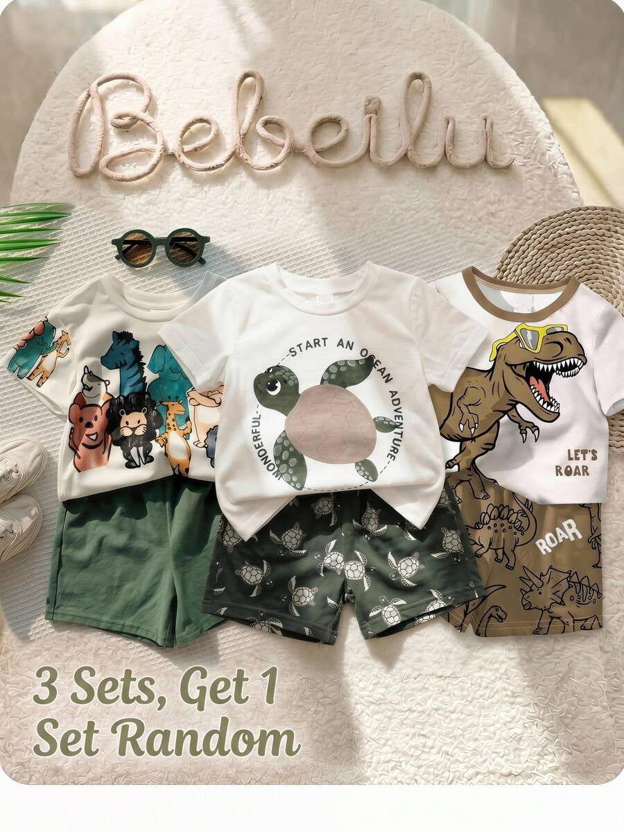 Baby Boy Animal Crayon Print T Shirt and Knitted Shorts 2 Piece Casual Spring Summer Outfit Set