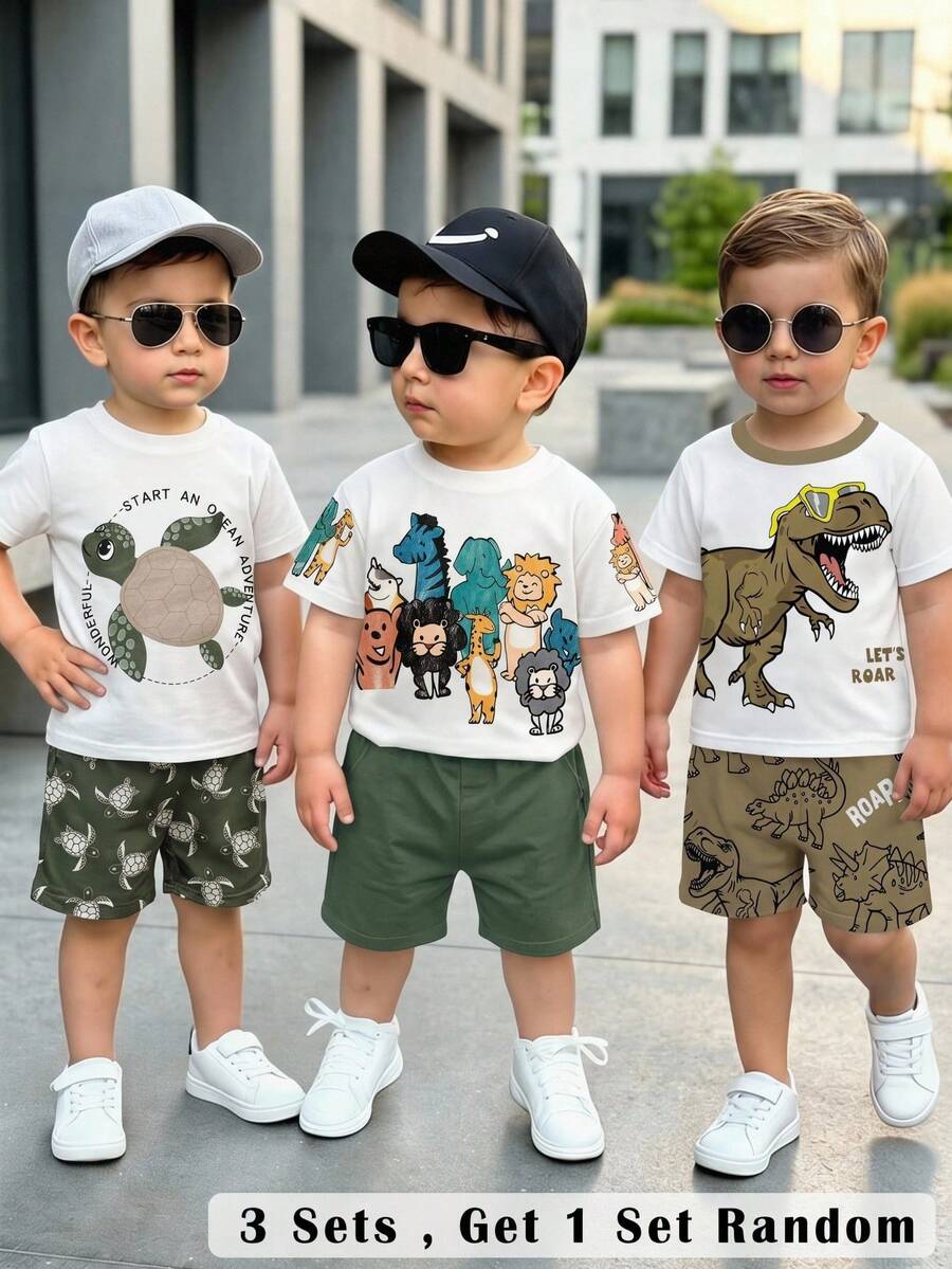 Baby Boy Animal Crayon Print T Shirt and Knitted Shorts 2 Piece Casual Spring Summer Outfit Set