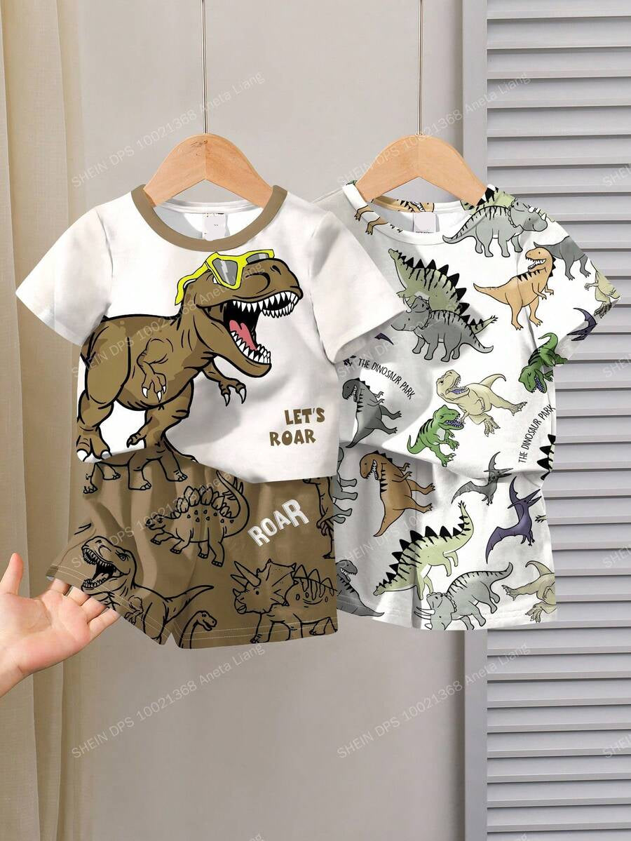 Baby Boy Animal Crayon Print T Shirt and Knitted Shorts 2 Piece Casual Spring Summer Outfit Set