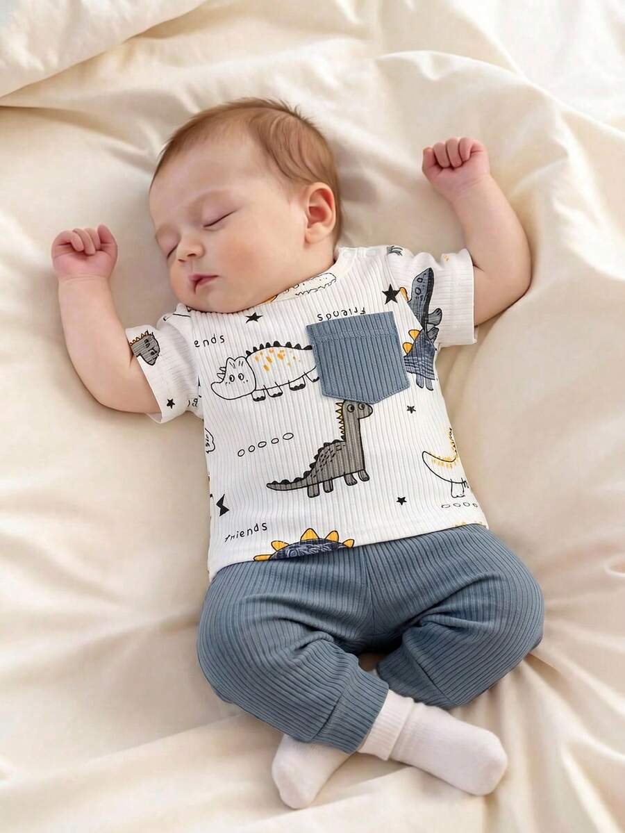 2PCS Baby Boy Dinosaur Print Top and Green Pants Set for Cute Casual Daily Wear