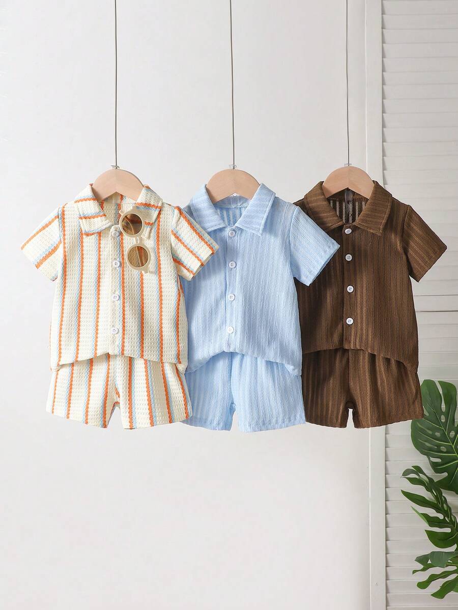 Infant Baby Boy Green White Striped Waffle Knit Polo Shirt and Shorts 2 Piece Casual Outfit Set