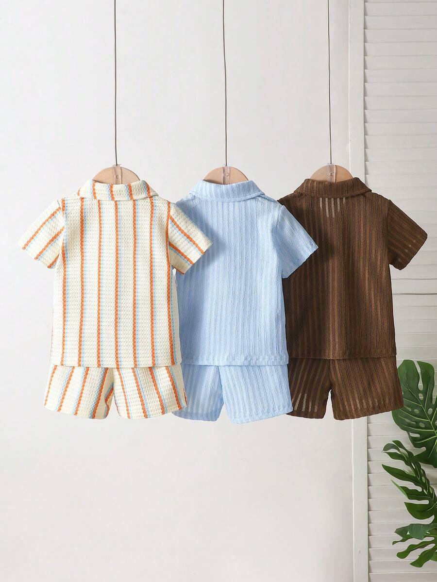 Infant Baby Boy Green White Striped Waffle Knit Polo Shirt and Shorts 2 Piece Casual Outfit Set