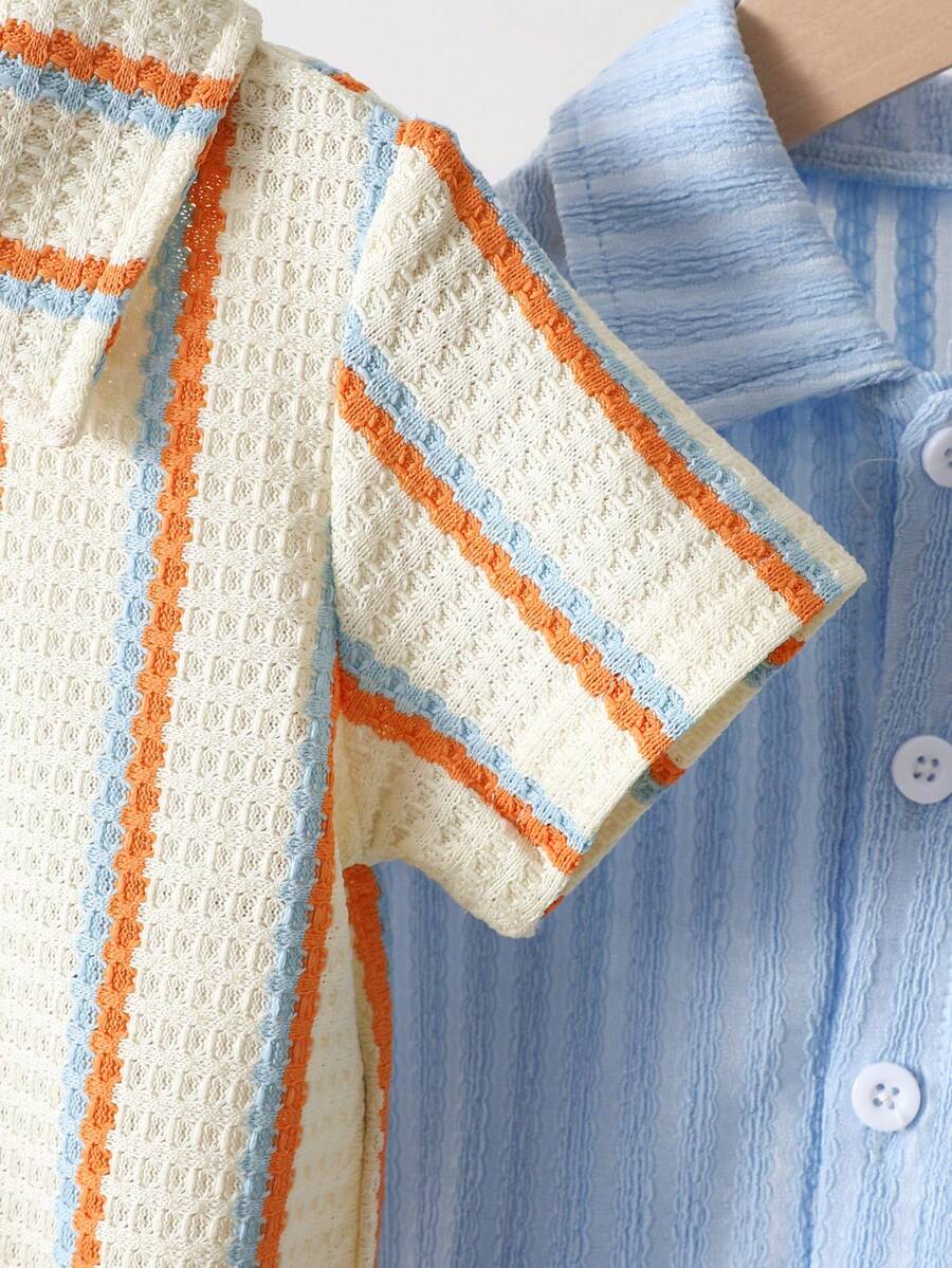 Infant Baby Boy Green White Striped Waffle Knit Polo Shirt and Shorts 2 Piece Casual Outfit Set