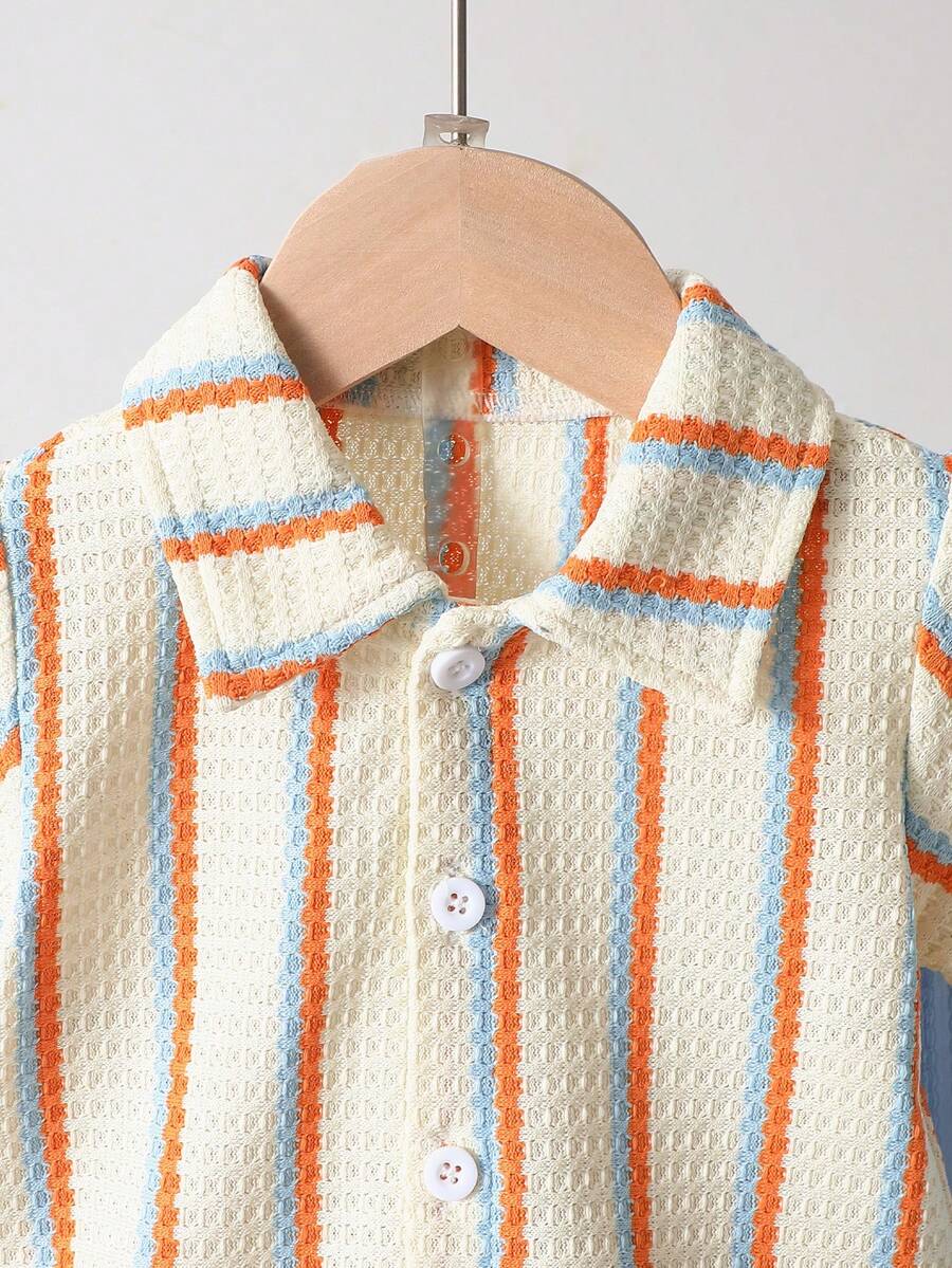 Infant Baby Boy Green White Striped Waffle Knit Polo Shirt and Shorts 2 Piece Casual Outfit Set