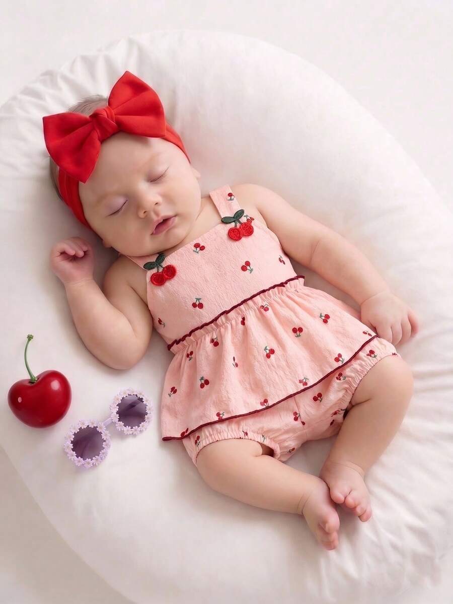 Baby Girl Cherry Embroidered Tank Top and Shorts Set for Summer Wear