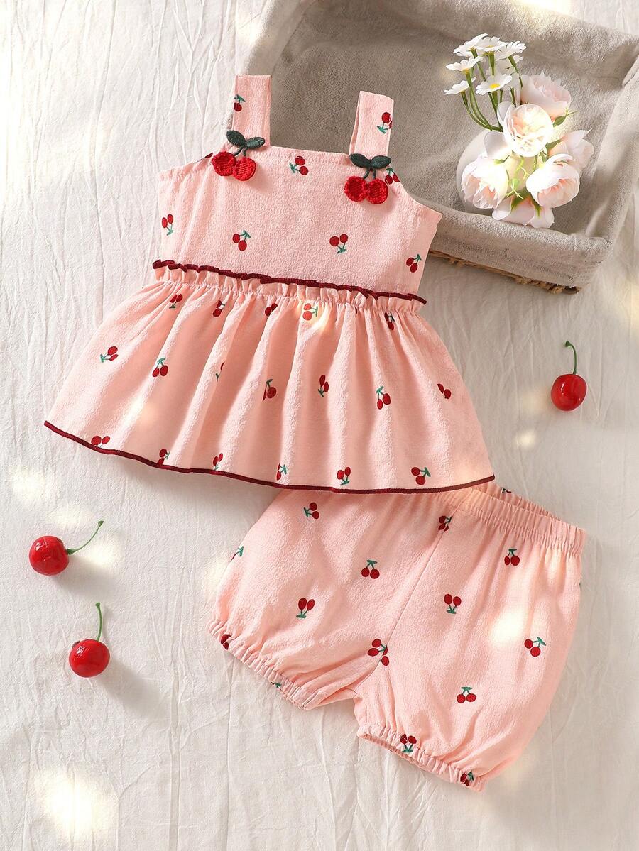 Baby Girl Cherry Embroidered Tank Top and Shorts Set for Summer Wear