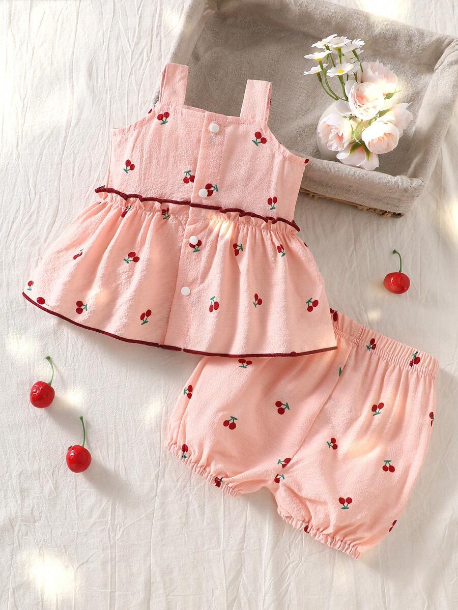 Baby Girl Cherry Embroidered Tank Top and Shorts Set for Summer Wear