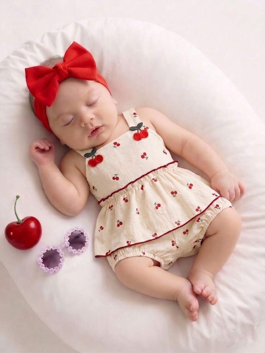 Baby Girl Cherry Embroidered Tank Top and Shorts Set for Summer Wear