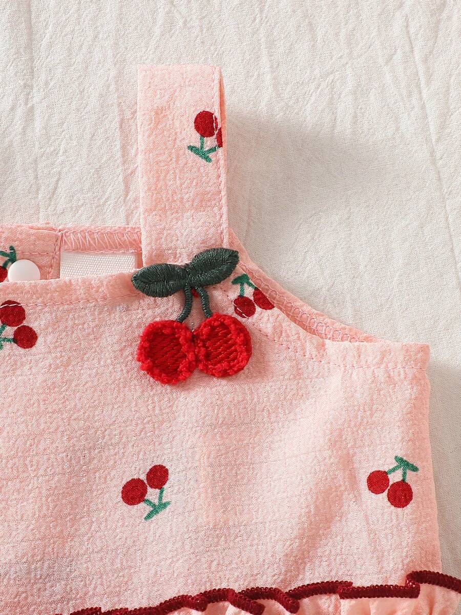 Baby Girl Cherry Embroidered Tank Top and Shorts Set for Summer Wear