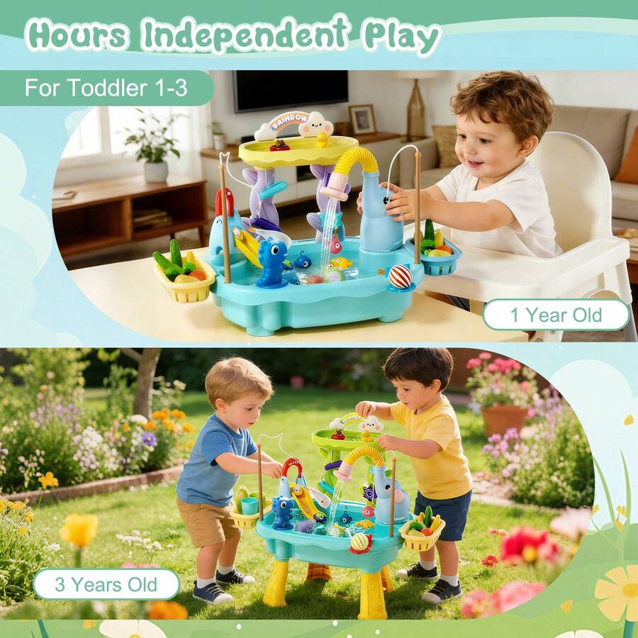 Kids Water Table with Pump Toddler Outdoor Water Play Fishing and Kitchen Activity Set