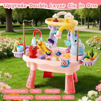Kids Water Table with Pump Toddler Outdoor Water Play Fishing and Kitchen Activity Set