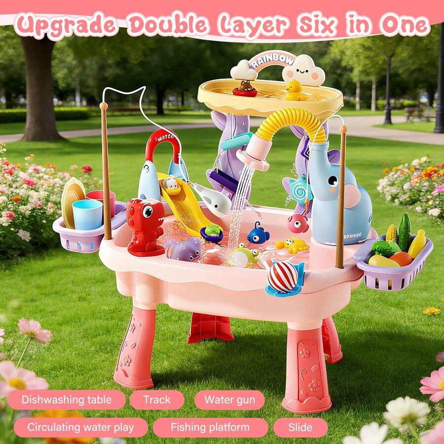 Kids Water Table with Pump Toddler Outdoor Water Play Fishing and Kitchen Activity Set