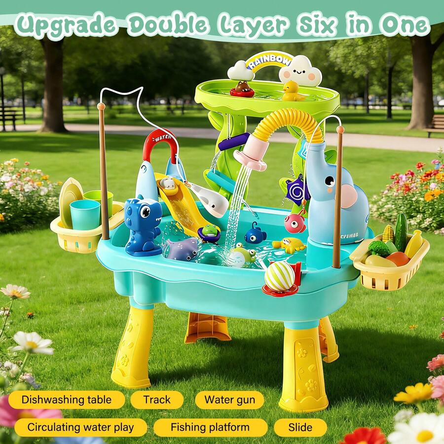 Kids Water Table with Pump Toddler Outdoor Water Play Fishing and Kitchen Activity Set