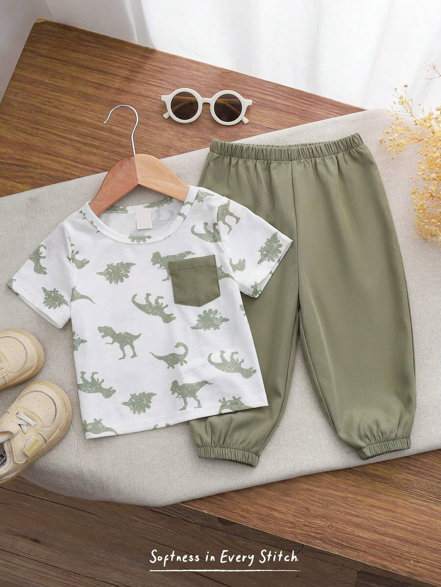Baby Boy Letter Print T Shirt and Large Pocket Pants 2 Piece Casual Outfit Set for Spring Summer Autumn
