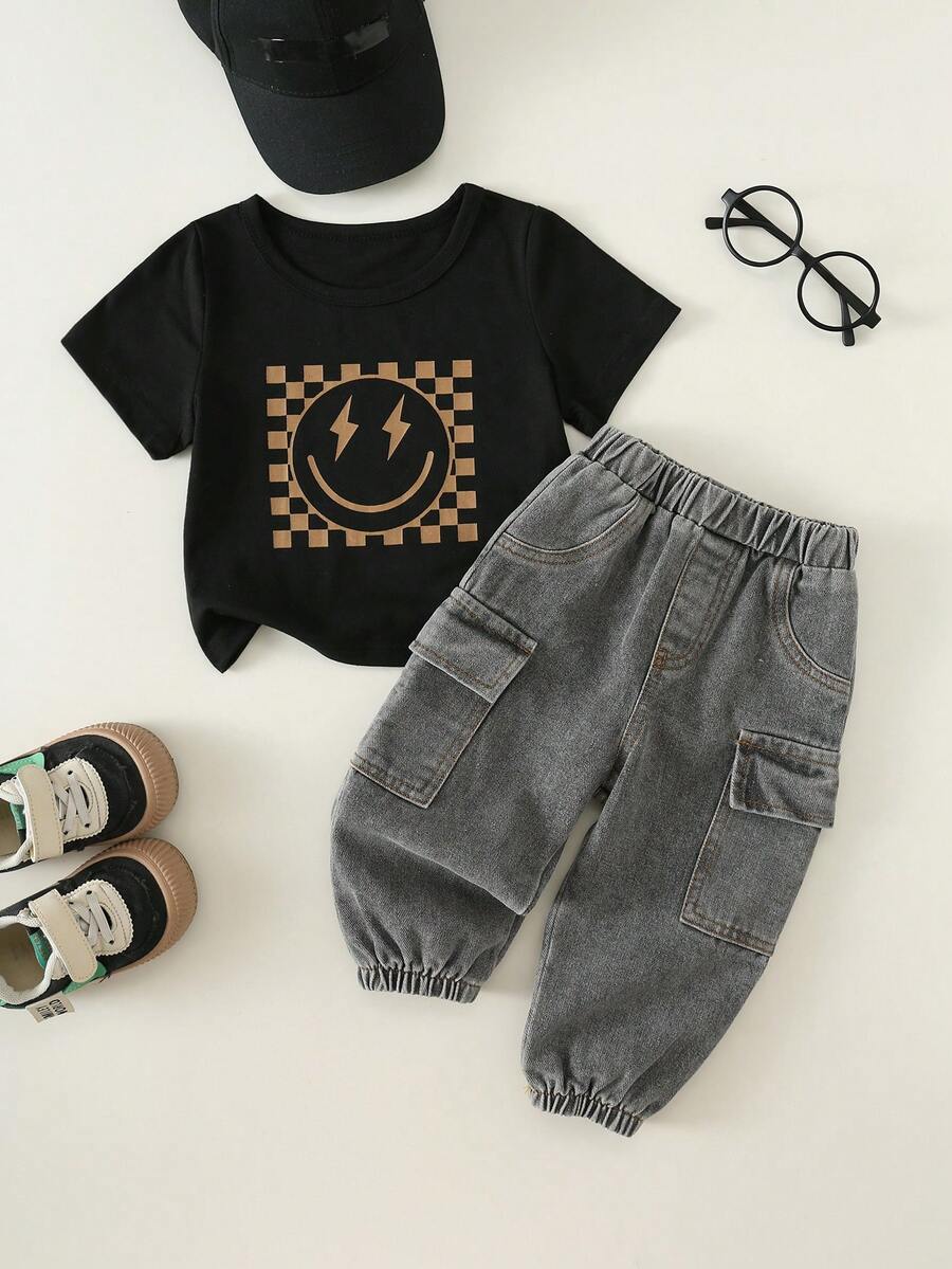 Baby Boy Letter Print T Shirt and Large Pocket Pants 2 Piece Casual Outfit Set for Spring Summer Autumn