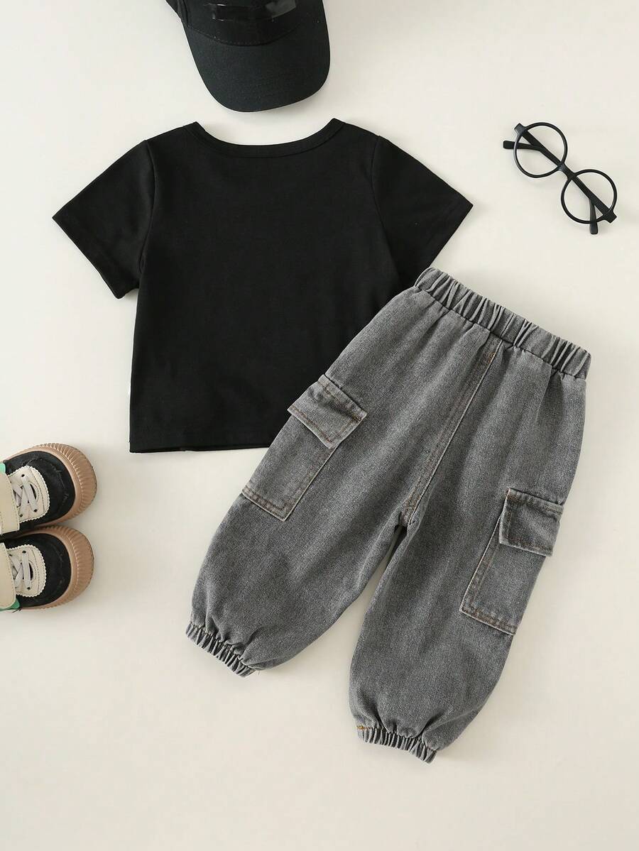 Baby Boy Letter Print T Shirt and Large Pocket Pants 2 Piece Casual Outfit Set for Spring Summer Autumn