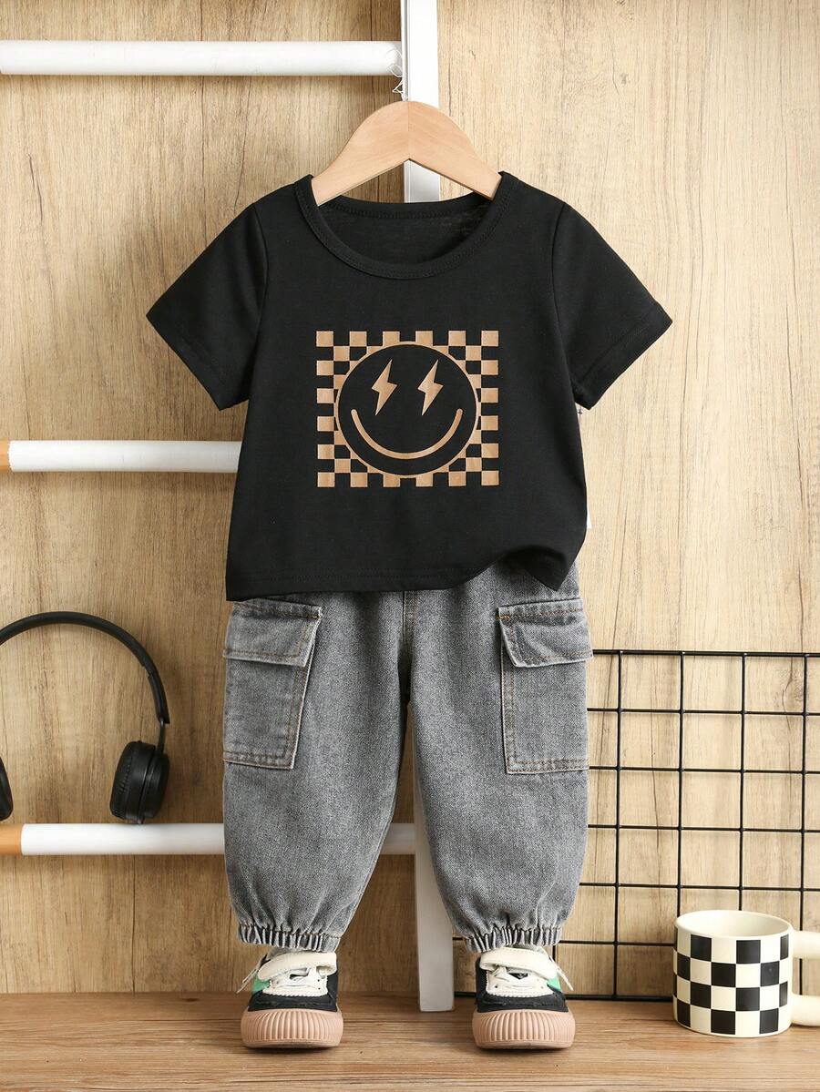 Baby Boy Letter Print T Shirt and Large Pocket Pants 2 Piece Casual Outfit Set for Spring Summer Autumn