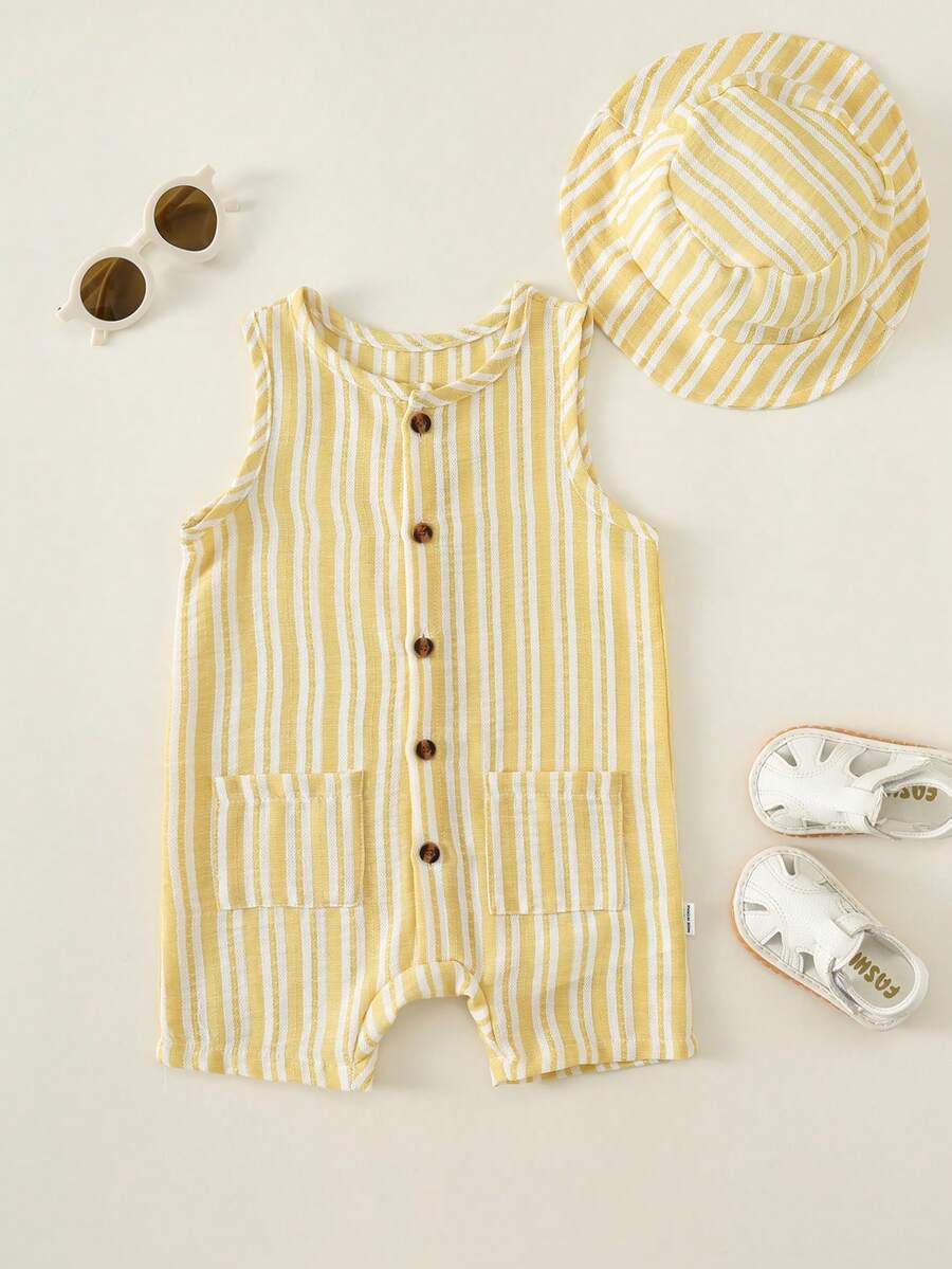 Baby Boy White Sleeveless Romper with Pockets Casual Short Jumpsuit for Everyday Wear