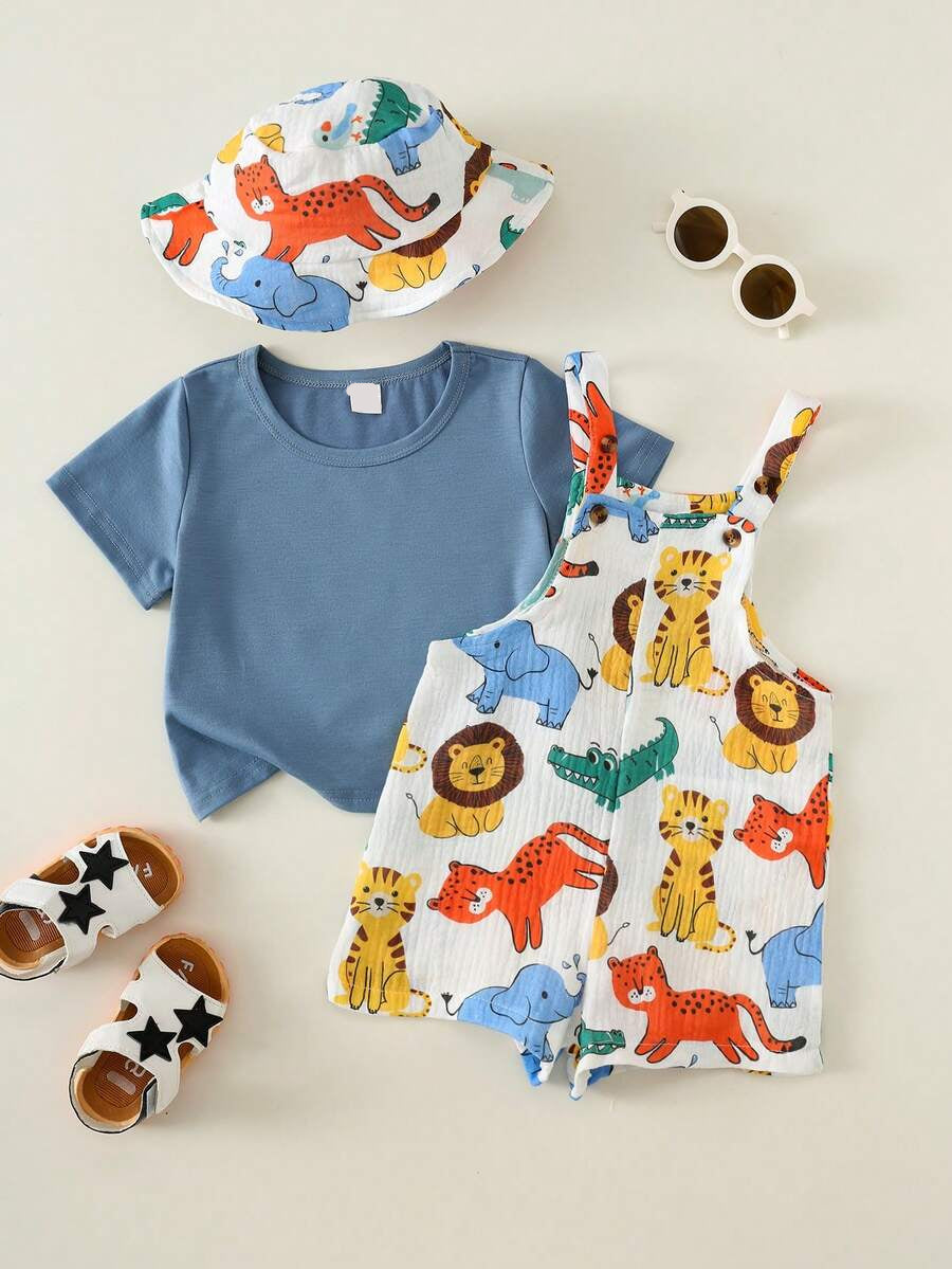 Baby Striped Bib Overalls and Bucket Hat 2 Piece Casual Summer Beach Outfit Set