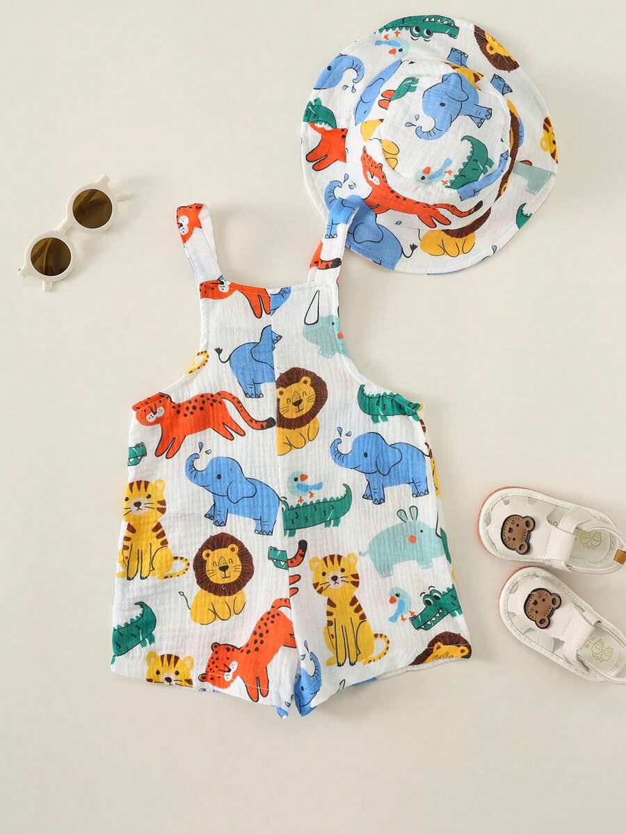 Baby Striped Bib Overalls and Bucket Hat 2 Piece Casual Summer Beach Outfit Set