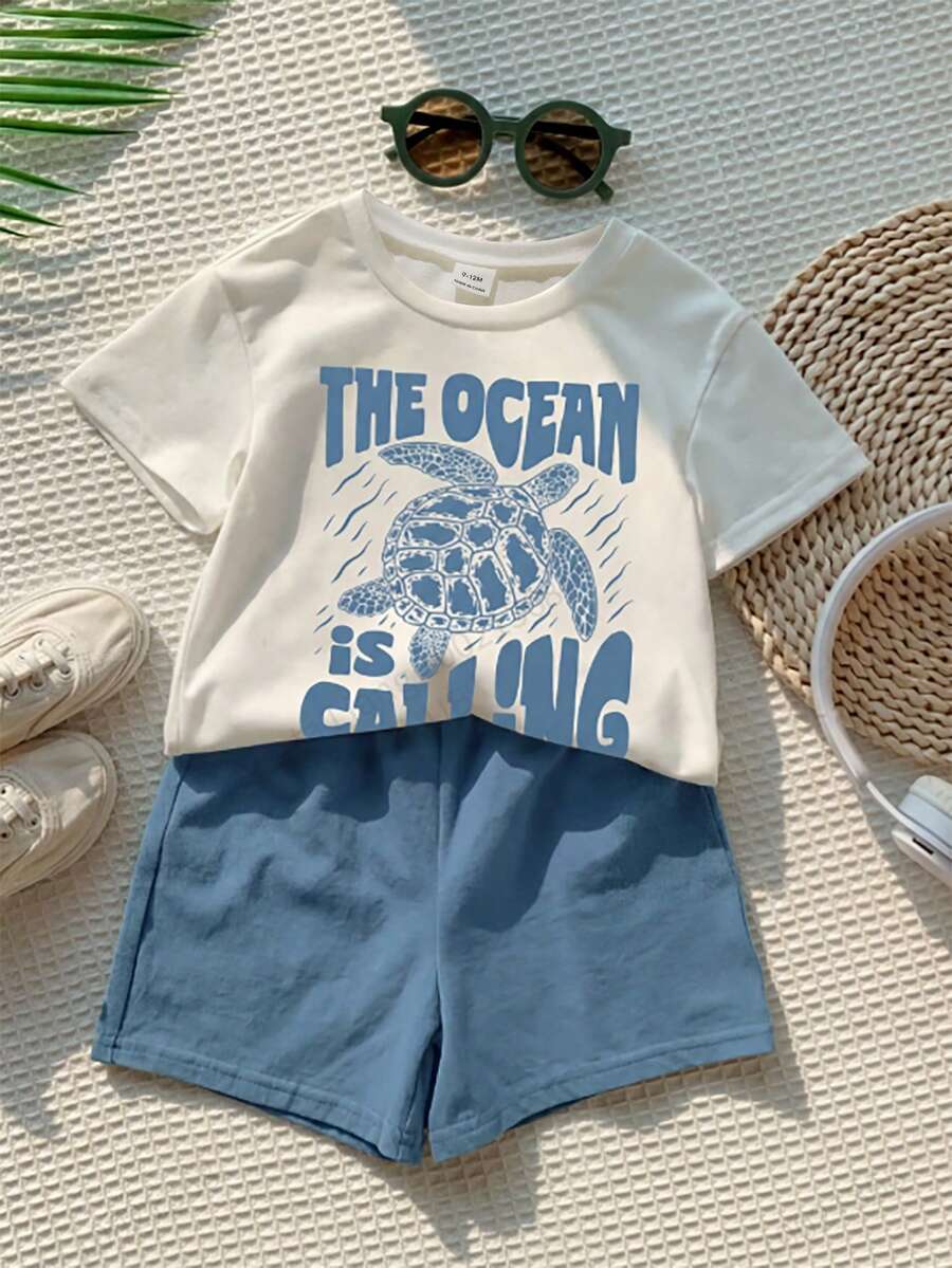 Baby Boy Animal Crayon Print T Shirt and Knitted Shorts 2 Piece Casual Spring Summer Outfit Set