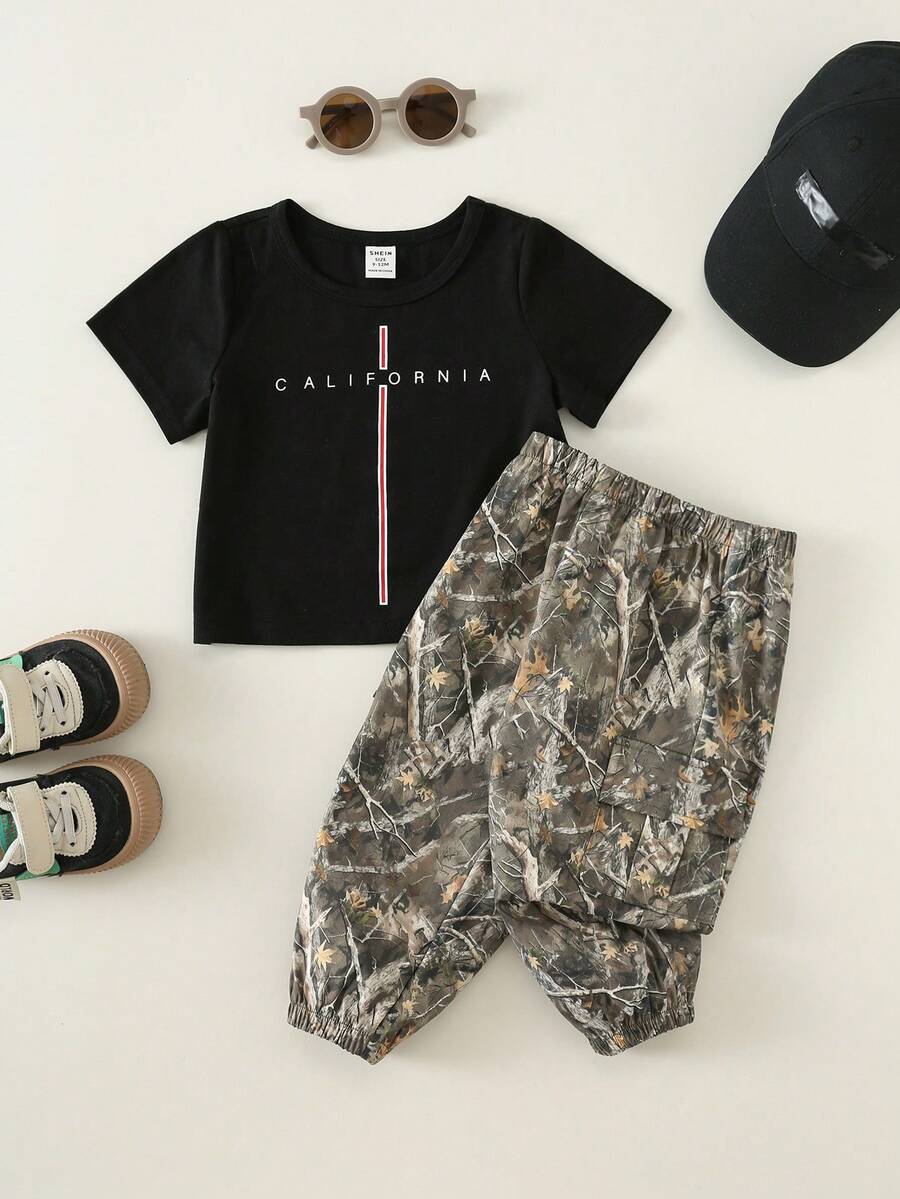 Baby Boy Letter Print T Shirt and Large Pocket Pants 2 Piece Casual Outfit Set for Spring Summer Autumn