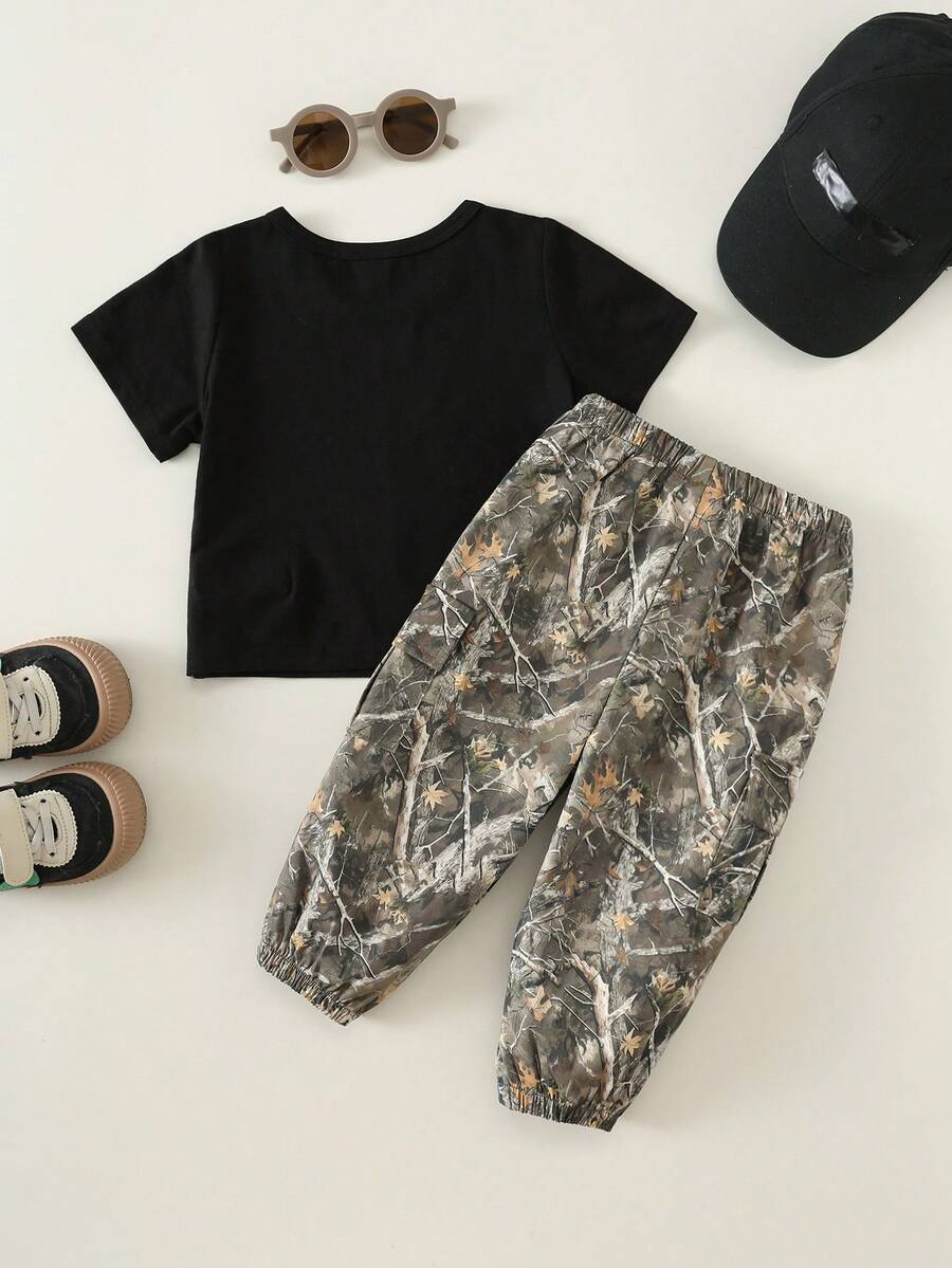 Baby Boy Letter Print T Shirt and Large Pocket Pants 2 Piece Casual Outfit Set for Spring Summer Autumn