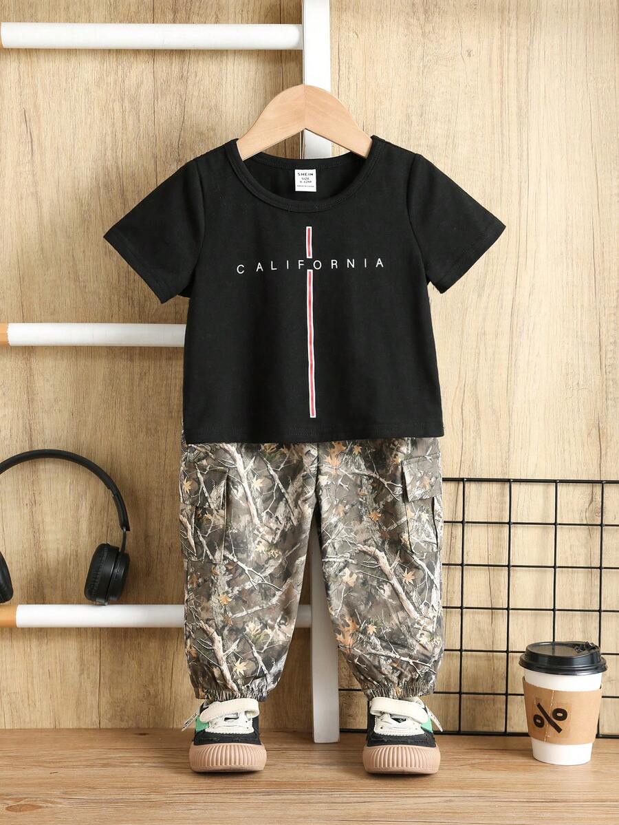 Baby Boy Letter Print T Shirt and Large Pocket Pants 2 Piece Casual Outfit Set for Spring Summer Autumn