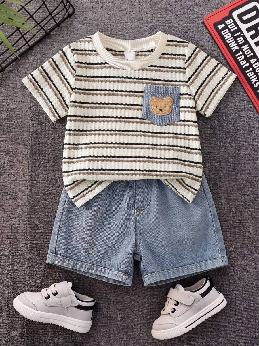 Baby Boy Black and White Striped T Shirt and Denim Shorts 2 Piece Casual Spring Summer Outfit Set