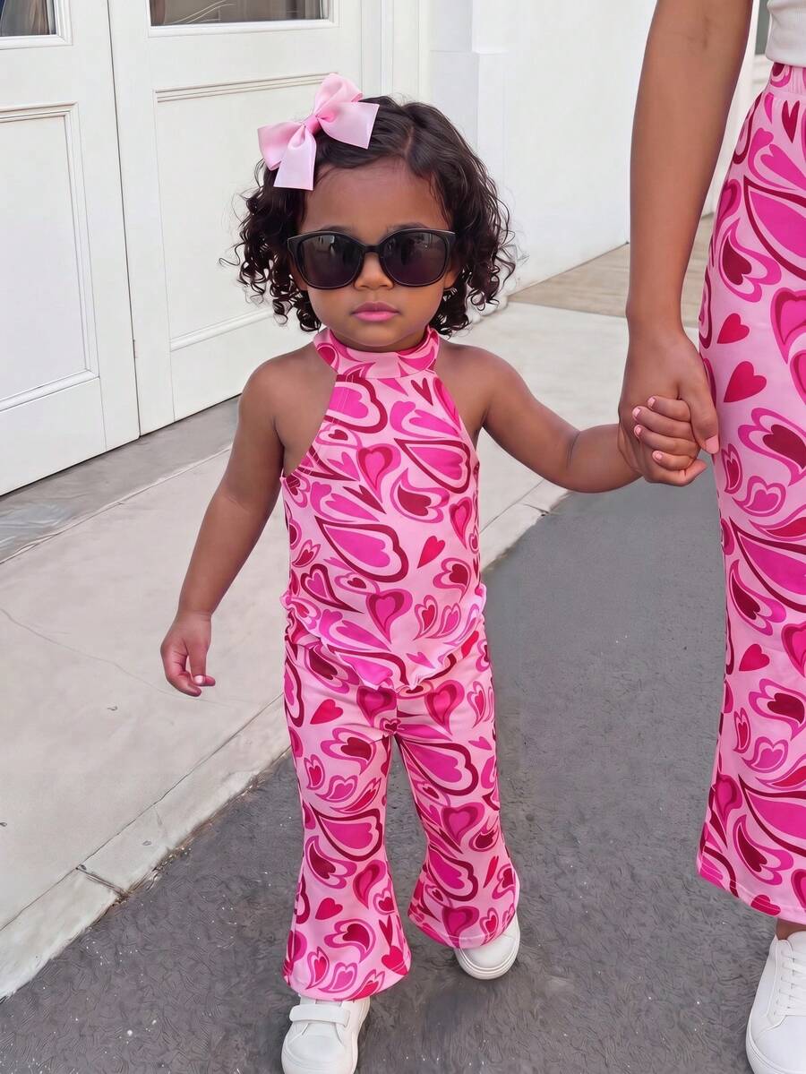 Heart Pattern Halter Top And Flared Pants Set For Baby Girls Valentine Outfit