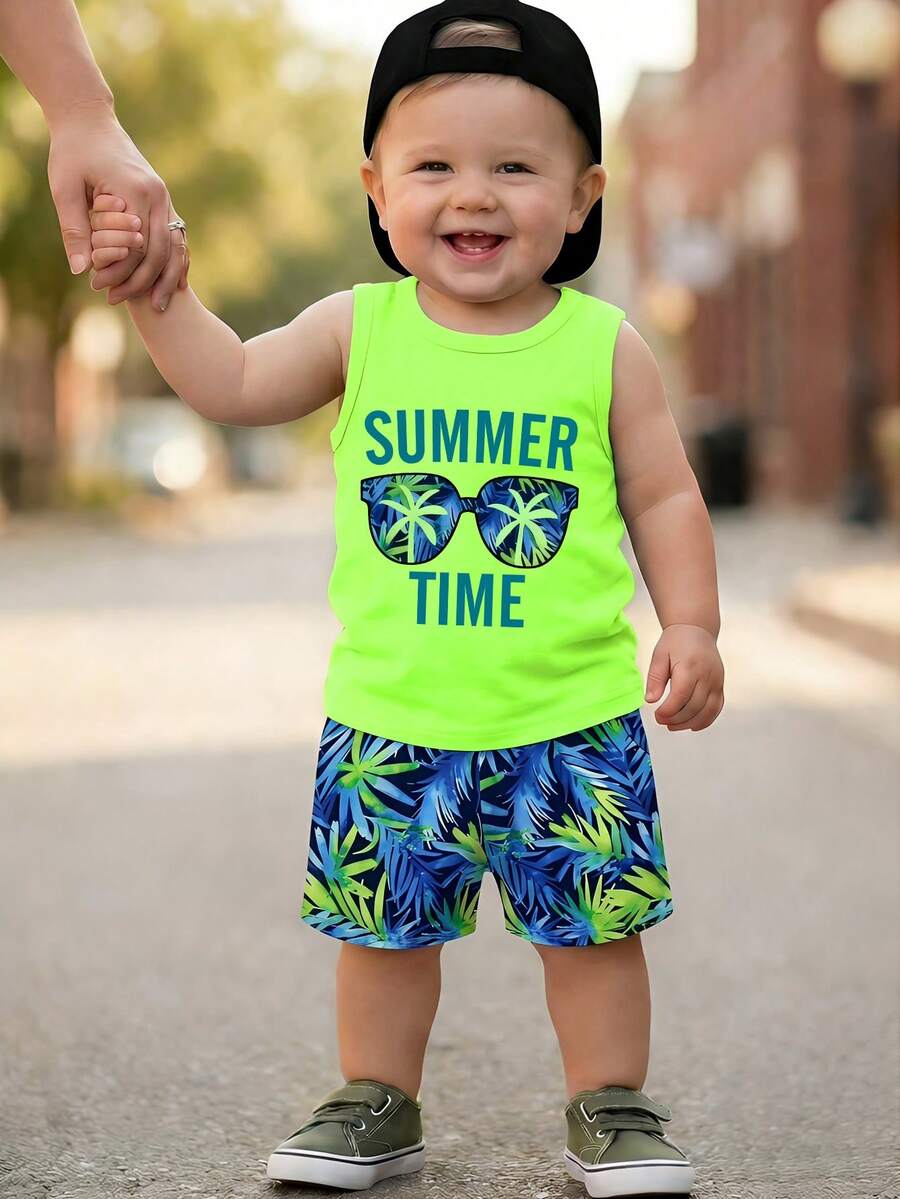 Baby Boy Letter Print Tank Top and Palm Tree Print Shorts 3 Piece Summer Outfit Set with Sunglasses