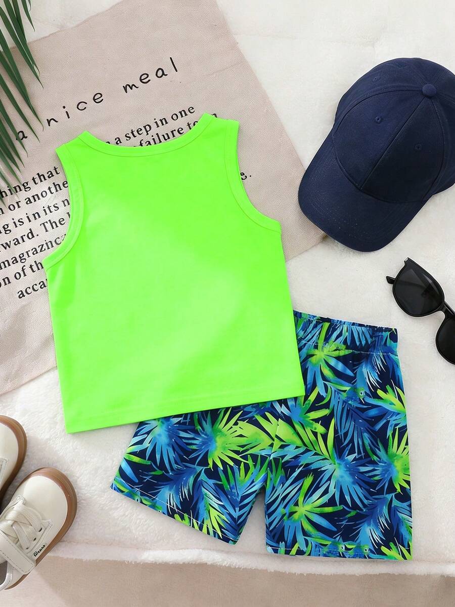 Baby Boy Letter Print Tank Top and Palm Tree Print Shorts 3 Piece Summer Outfit Set with Sunglasses
