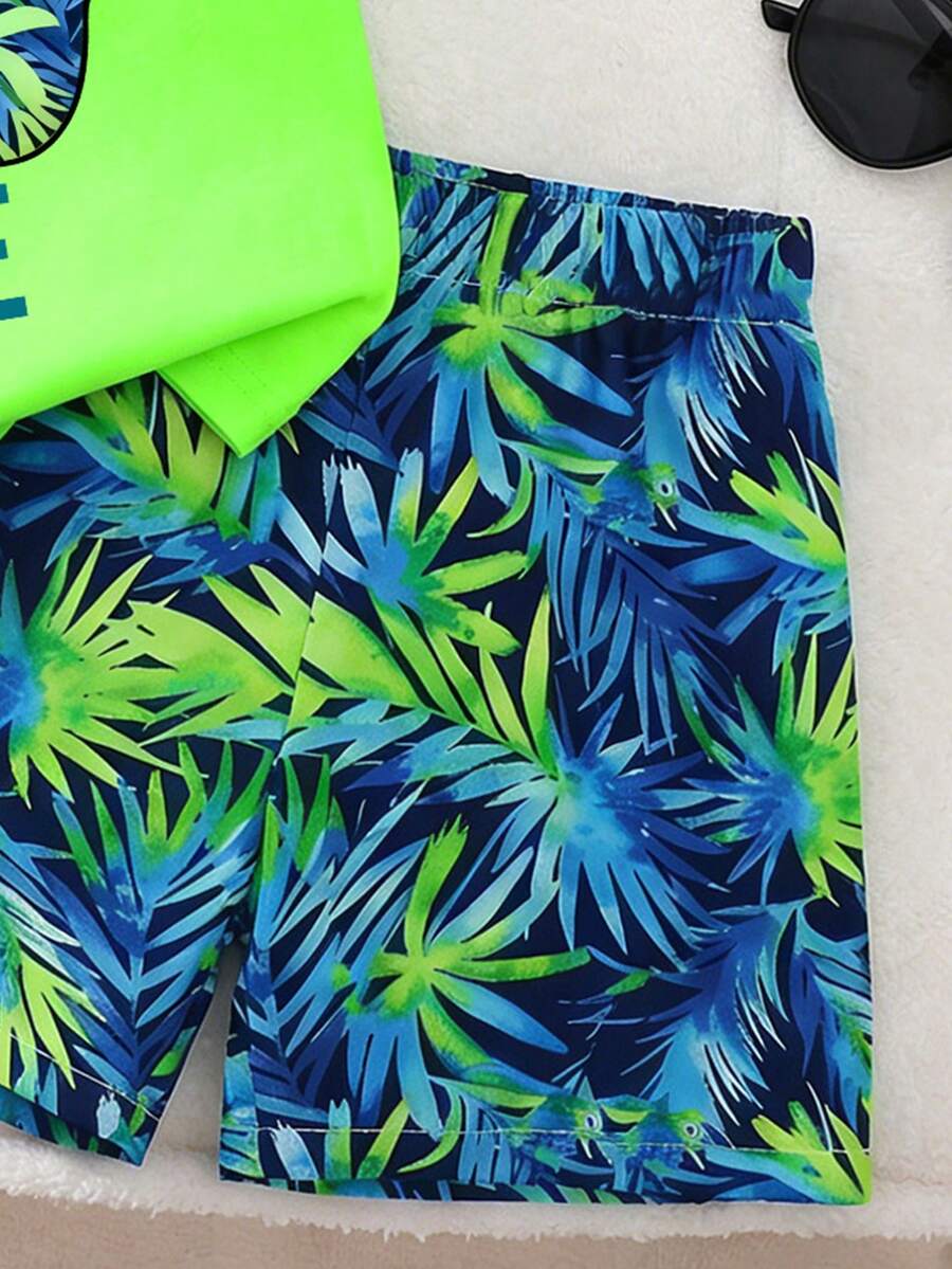 Baby Boy Letter Print Tank Top and Palm Tree Print Shorts 3 Piece Summer Outfit Set with Sunglasses