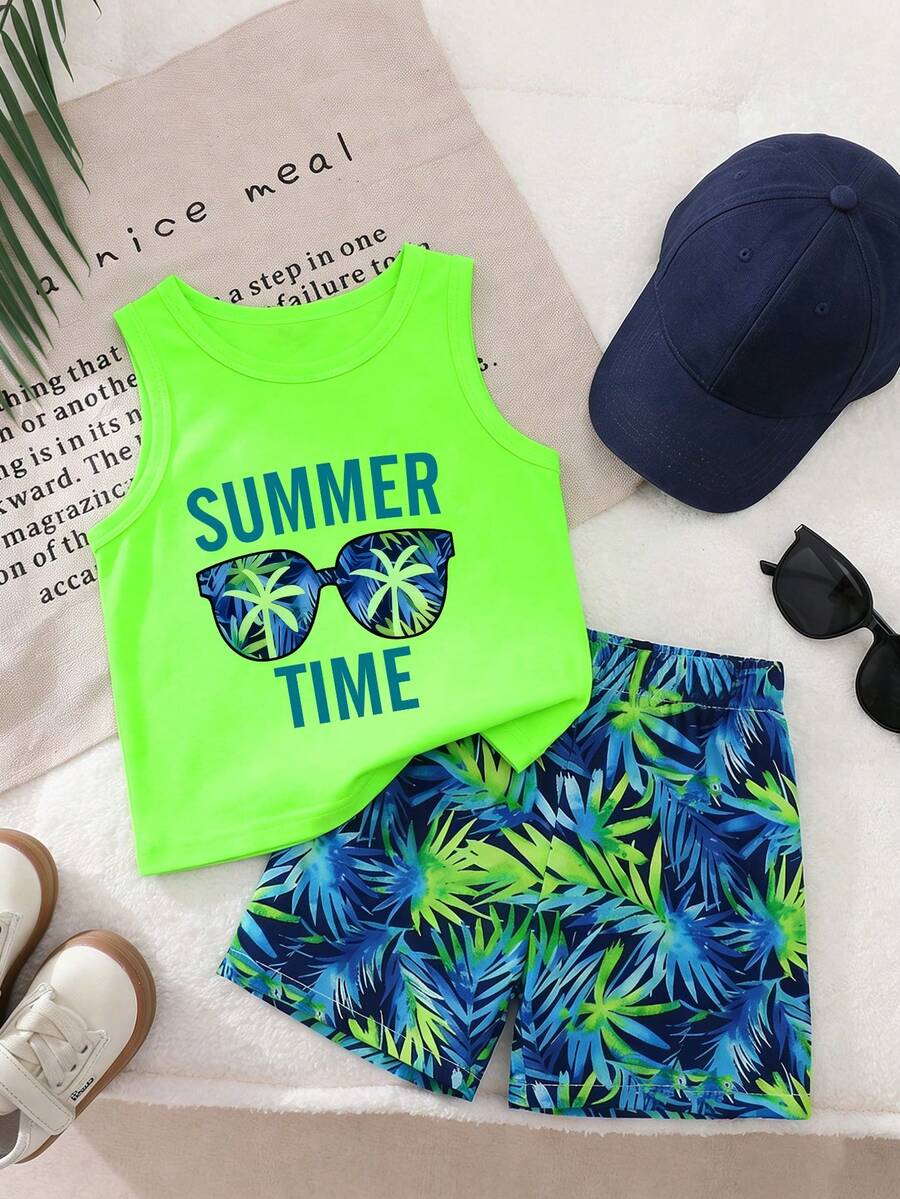 Baby Boy Letter Print Tank Top and Palm Tree Print Shorts 3 Piece Summer Outfit Set with Sunglasses