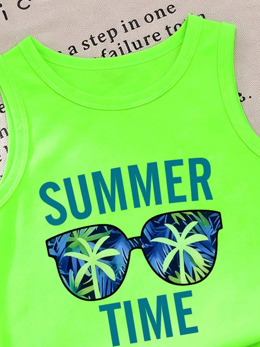 Baby Boy Letter Print Tank Top and Palm Tree Print Shorts 3 Piece Summer Outfit Set with Sunglasses