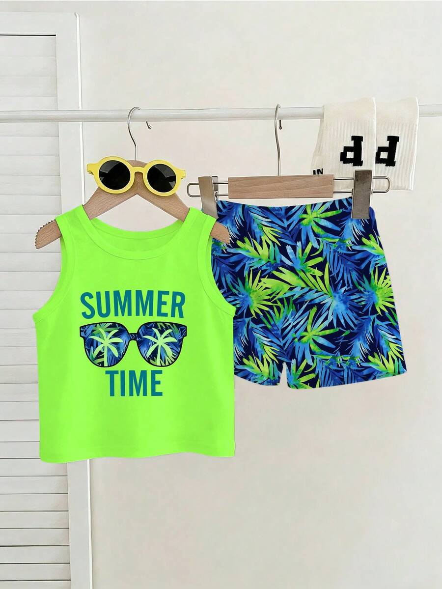 Baby Boy Letter Print Tank Top and Palm Tree Print Shorts 3 Piece Summer Outfit Set with Sunglasses