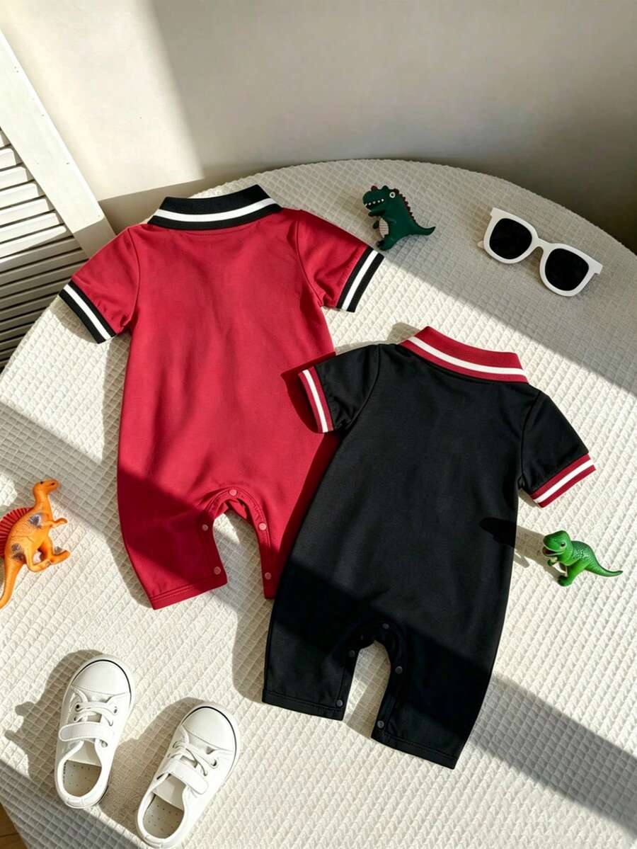 Toddler Boy Dinosaur Print Polo Collar Short Sleeve Romper 2 Piece Summer Outfit Set