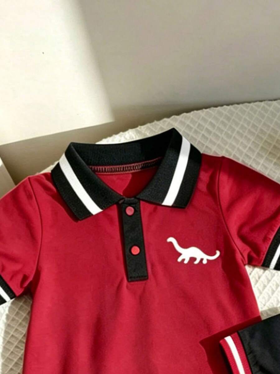 Toddler Boy Dinosaur Print Polo Collar Short Sleeve Romper 2 Piece Summer Outfit Set