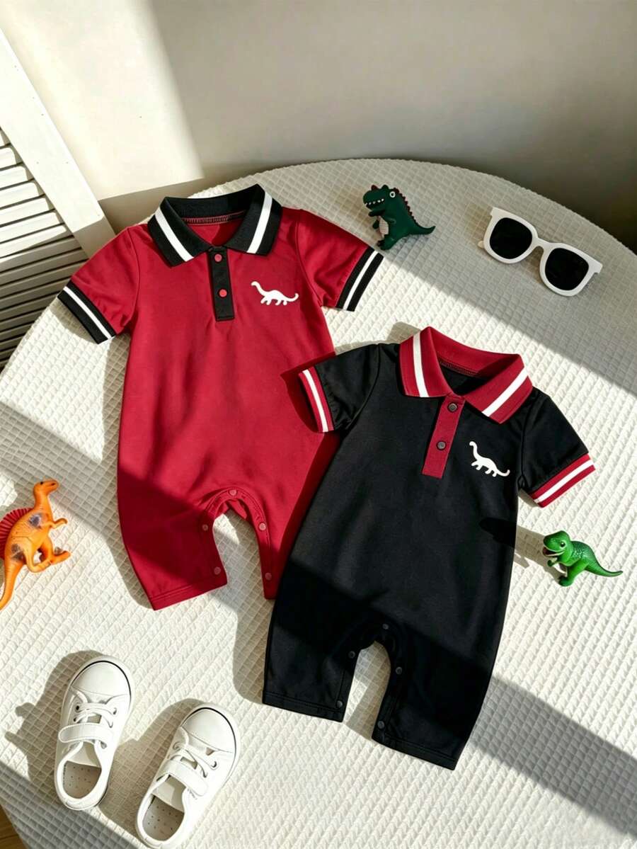 Toddler Boy Dinosaur Print Polo Collar Short Sleeve Romper 2 Piece Summer Outfit Set