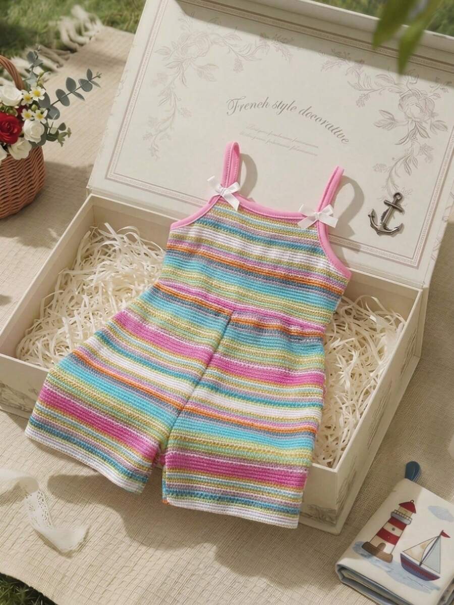 Cute Baby Girl Sleeveless Ribbed Short Jumpsuit With Bow Detail Casual Summer Wear