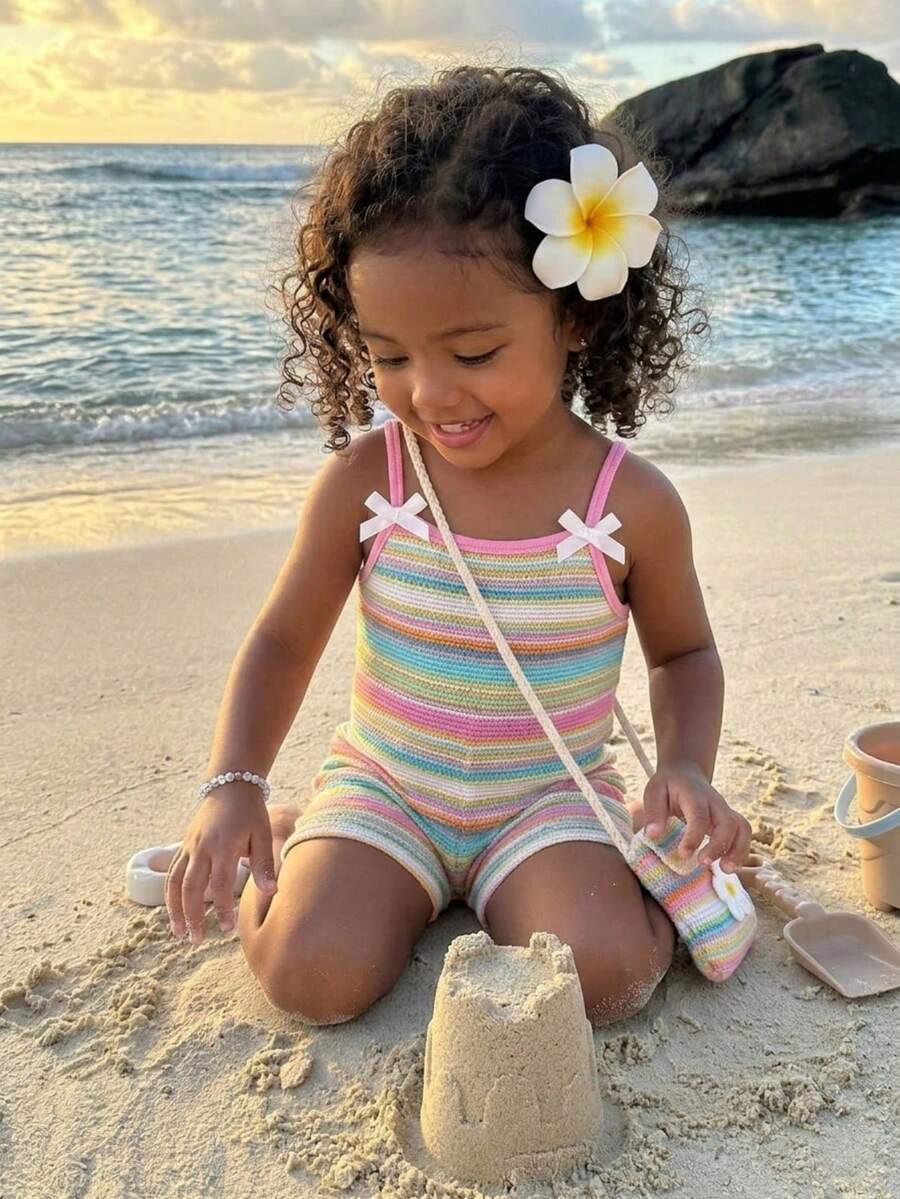 Cute Baby Girl Sleeveless Ribbed Short Jumpsuit With Bow Detail Casual Summer Wear